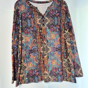 Women's Multicolor Paisley V-Neck Long Sleeve Top